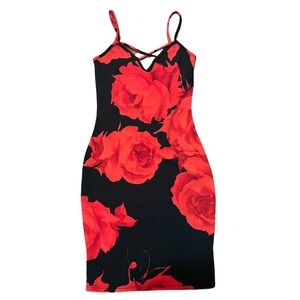 Black and Red Rose Print Strappy Crossover Bodycon Dress
